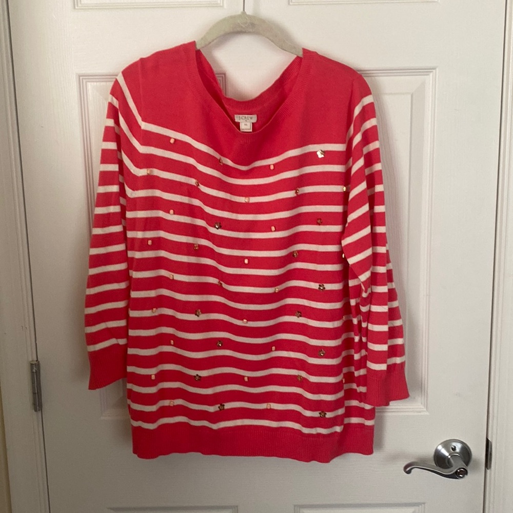 J Crew Coral and White Striped 3/4 Sleeve Sweater with Embellishments Size XXL